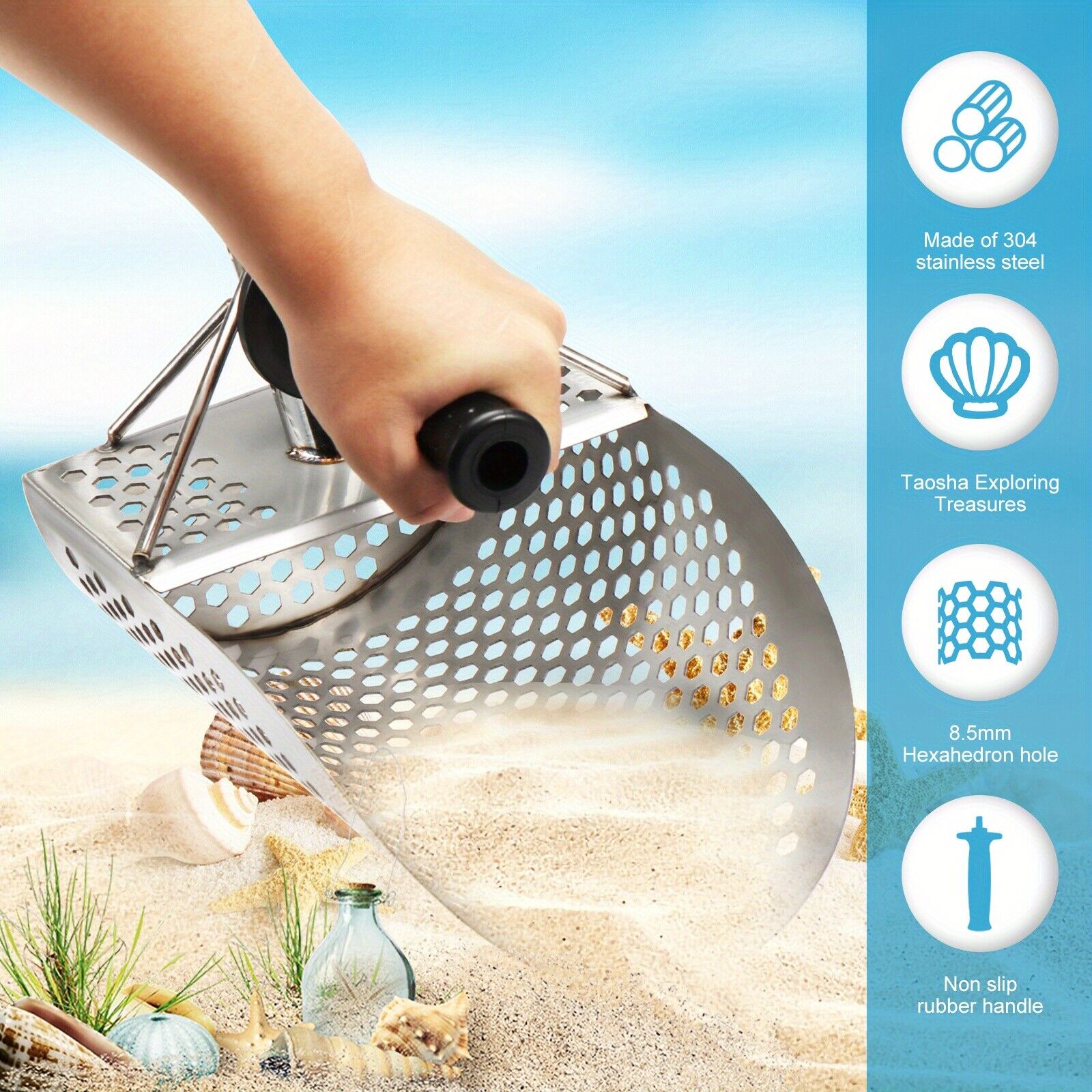 Sand Scoop Stainless Steel Beach Digging - ที่ตักทรายชายหาดสแตนเลสพร้อมที่จับเครื่องมือค้นหาใต้น้ำได้อย่างรวดเร็วพลั่วขุดทอง